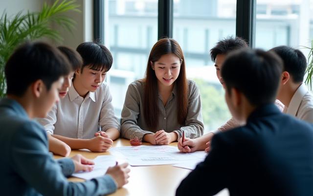 소규모 그룹 토론에서 전문가들이 아이디어를 교환하고 협업하는 모습.